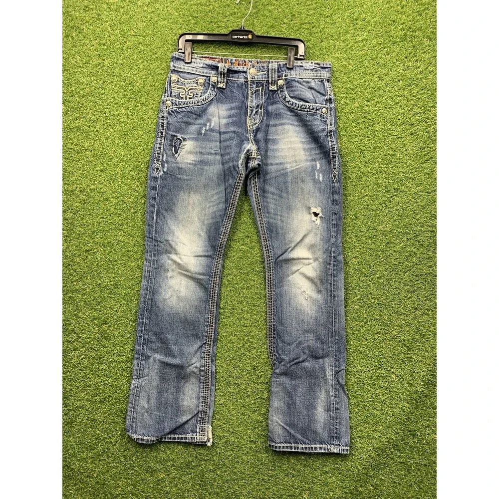 Rock Revival Jeans Mens 33 Patrick Bootcut Medium Wash Grunge Punk Cross y2k